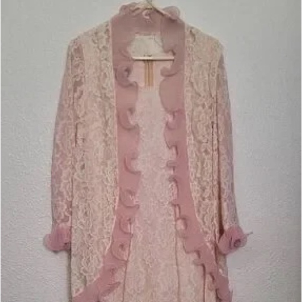 Lace Ruffled Robe and Slip Set - Pink